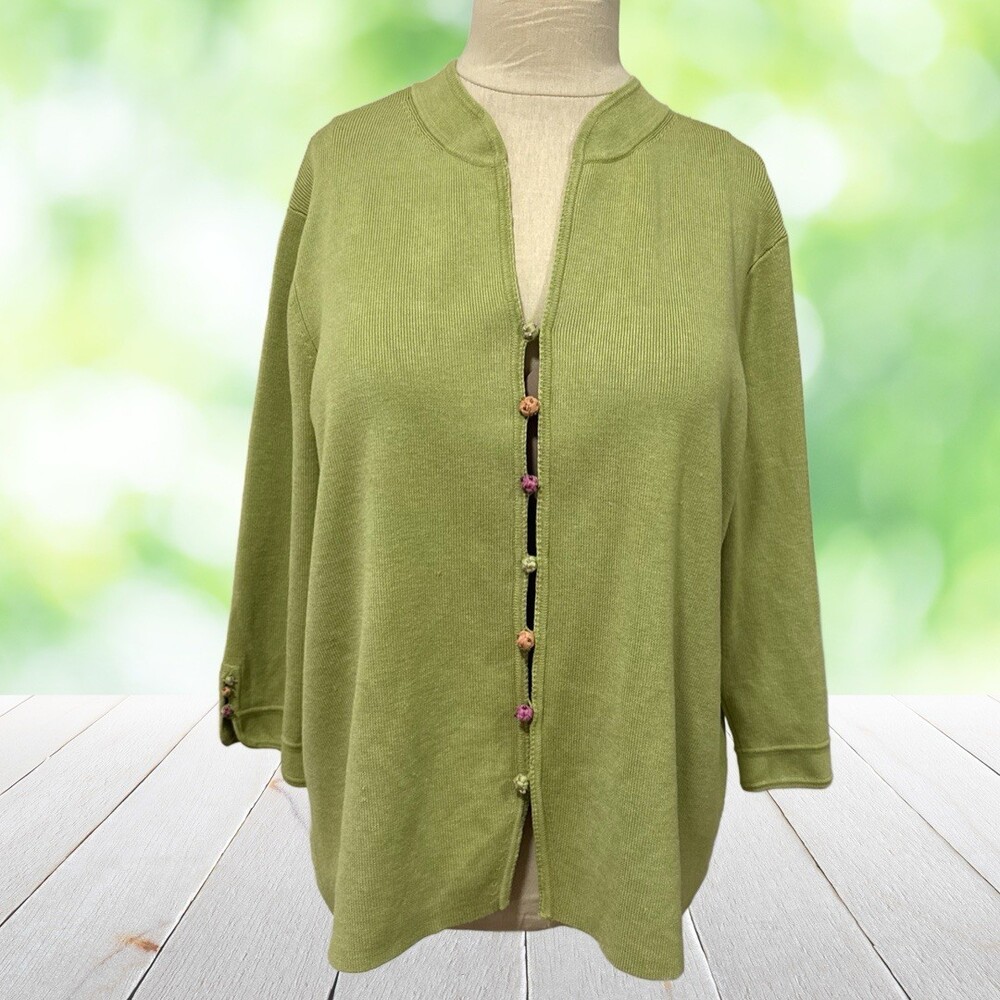 SIGRID OLSEN Silk Blend Cardigan Sweater Beaded Buttons Artsy 3/4 Sleeve Size XL